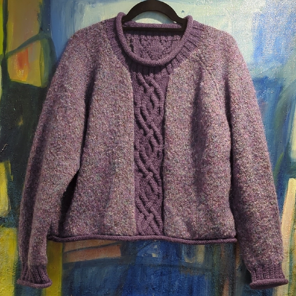 Marbled Purple Woven Wool Sweater With Cable Knit Detail Semi Crop Style Medium